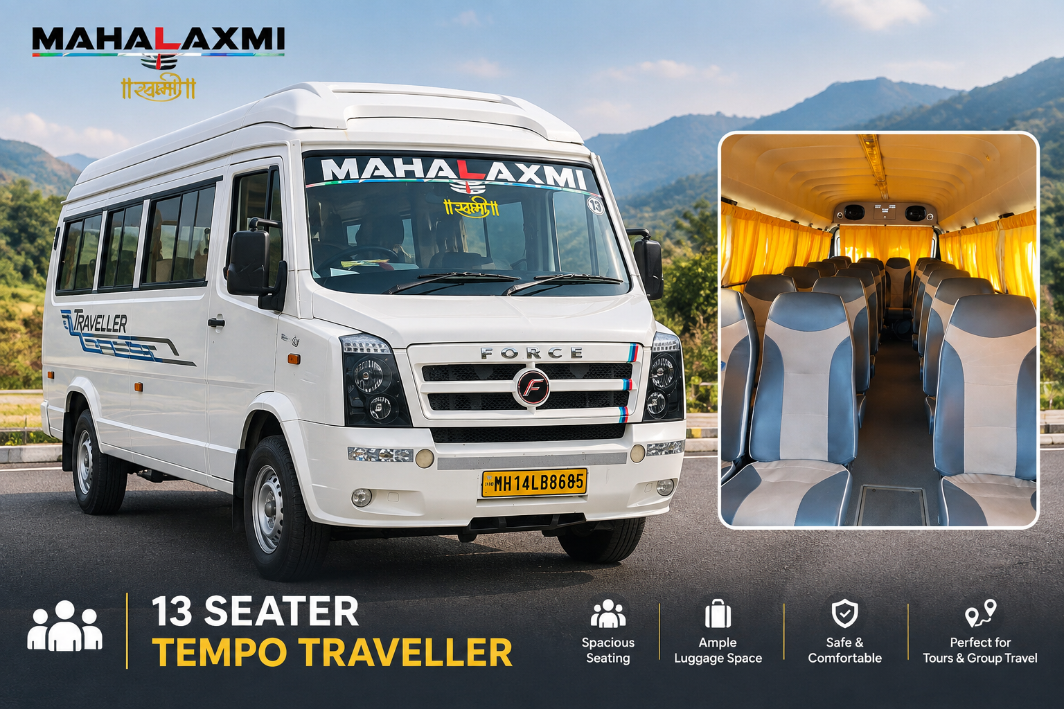 13 seater tempo traveller in Pune with push-back seats and roof AC vents