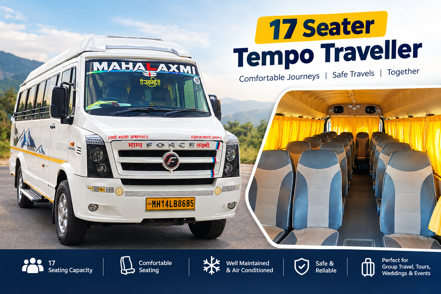 Exterior of a white 17 seater AC tempo traveller in Pune