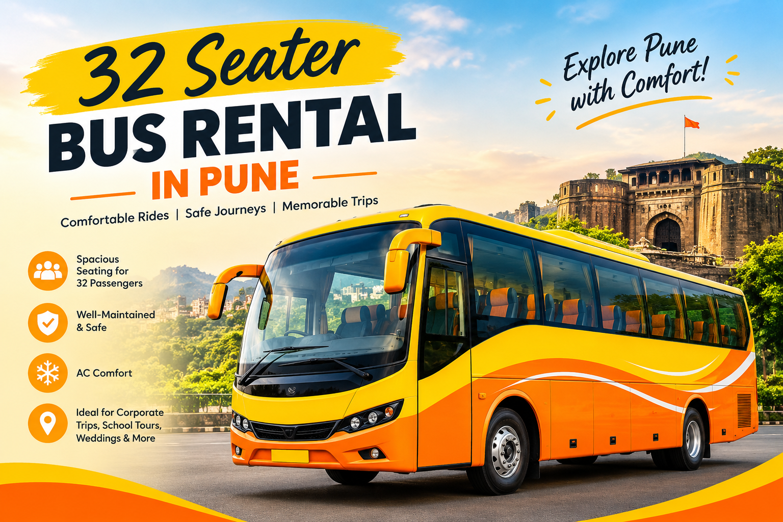White 32 seater AC bus rental in Pune