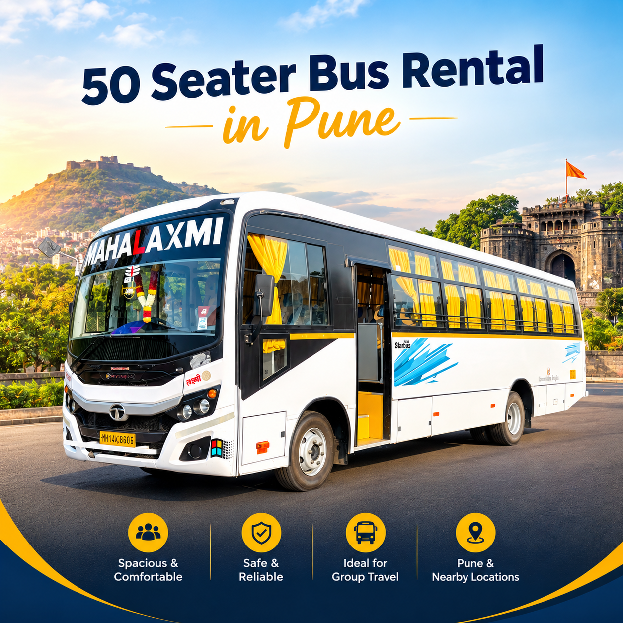 White 50 seater AC bus in Pune parked near a wedding venue